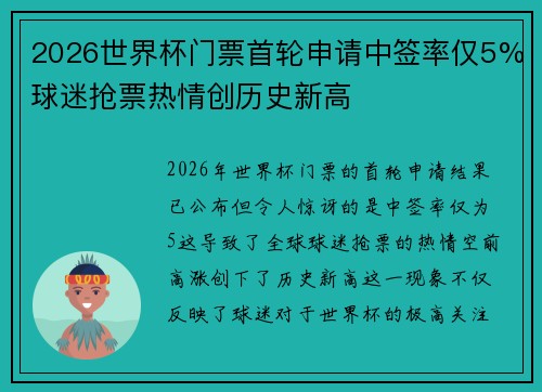 2026世界杯门票首轮申请中签率仅5%球迷抢票热情创历史新高